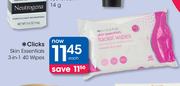 Clicks Skin Essentials 3-In-1 Facial Wipes-40's Each