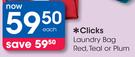 Clicks Laundry Bag Red, Teal Or Plum-Each