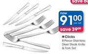 Clicks 8-Piece Stainless Steel Steak Knife & Fork Set-per Set