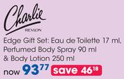 Charlie Revlon Edge Gift Set: Eau de Toilette 17ml,Perfumed Body Spray 90ml & Body Lotion 250ml