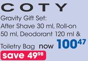 Coty Gavity Gift Set: After Shave 30ml, roll on 50ml,Deodorant 120ml & Toiletry Bag