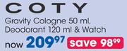Coty Gravity Cologne 50ml,Deodorant 120ml & Watch