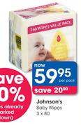 Johnson's Baby Wipes-3 x 80's-Per Pack
