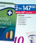 Clicks A-Z Body And Mind Multivitamin & Omega 3-30 Softgels & 30 Tablets-2 packs