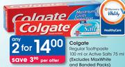 Colgate Regular Toothpaste 100ml Or Active Salts 75ml(Excludes MaxWhite And Banded Packs)-Any 2