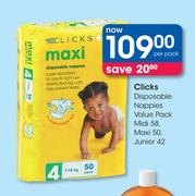 Clicks Disposable Nappie Value Pack Midi 58, Maxi 50, Junior 42-Per Pack