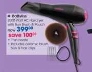BaByliss 2000 Watt AC Hairdryer with Bun Brush & Pouch