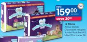 Clicks Active Stretch Disposable Nappies Jumbo Pack Midi 82/Maxi 70/Junior 58-Per Pack