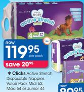 Clicks Active Stretch Disposable Nappies Value Pack Midi 62/Maxi 54/Junior 44-Per Pack