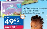 Clicks Softly Cushioned Disposable Nappies Value Pack Newborn 22-Per Pack