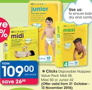 Clicks Disposable Nappies Value Pack Midi 58/Maxi 50/Junior 42-Per Pack