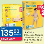 Clicks Disposable Nappies Jumbo Pack Mini 72/Midi 74/Maxi 66/Junior 56-Per Pack