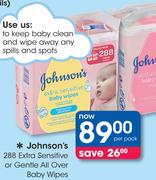 Johnson's 288 Extra Sensitive Or Gentle All Over Baby Wipes-Per Pack