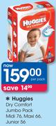 Huggies Dry Comfort Jumbo Pack Midi 76/Maxi 66/Junior 56-Per Pack