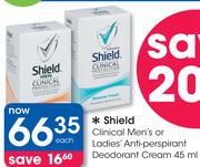 Shield Clinical Men's Or Ladies Anti-Perspirant Deodorant Cream-45ml Each