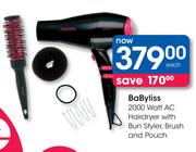 BaByliss 2000 Watt AC Hairdryer With Bun Styler, Brush And Pouch-Each