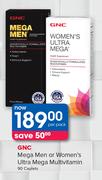 GNC Mega Men Or Women's Ultra Mega Multivitamin 90 Caplets-Per Pack