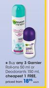Garnier Roll Ons-50ml Or Deodorants-150ml Each