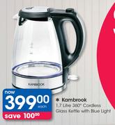 Kambrook 1.7Ltr 360 Degree Cordless Glass Kettle With Blue Light-Each