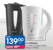 Safeway 1.7Ltr Cordless Kettle Black Or White-Each