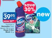 Domestos Thick Bleach 750ml And Power 5 Rim Block 55gm-Per Offer