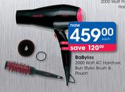BaByliss 2000 Watt AC Hairdryer, Bun Styler, Brush & Pouch-Each