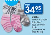 Clicks 2 Pack Or 3 Pack Baby Girl's, Boys Or Unisex Socks-Per Pair
