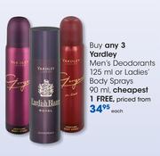 Yardley Men's Deodorants-125ml or Ladies Body Sprays-90ml Each