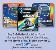 Gillette Mach3 or Fusion Manual Blade 8-Pack Cartridges-Per Pack