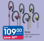 Sway Sport Earphones With Mic-Per Pair