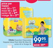 Clicks Dry Protect Disposable Nappies Value Pack Midi 58,Maxi 50,Junior 42 Or XLarge 36-Per Pack