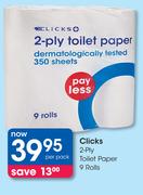 Clicks 2 Ply Toilet Paper 9 Rolls-Per Pack