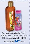 Satiskin Foam Baths-1Ltr Or Shower Gels-400ml Each
