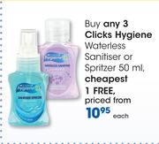 Clicks Hygiene Waterless Sanitiser Or Spritzer-50ml Each