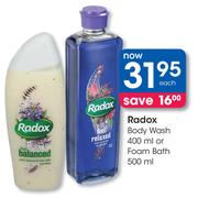Dove BeautRadox Body Wash-400ml Or Foam Bath-500ml Each