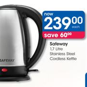 Safeway 1.7Ltr Stainless Steel Cordless Kettle