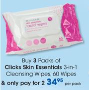 Clicks Skin Essentials 3 In 1 Cleansing Wipes-60 Wipes Per Pack