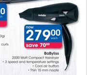 BaByliss 2000 Watt Compact Hairdryer-Each