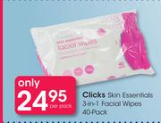 Clicks Skin Essentials 3 In 1 Facial Wipes 40 Pack-Per Pack
