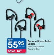 Bounce Break Series Sports Hook Earphones Black Or Red-Per Pair