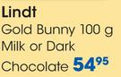 Lindt Gold Bunny Milk Or Dark Chocolate-100g Each