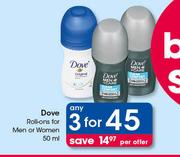 Dove Roll-Ons For Men Or Women-3x50ml Per Offer