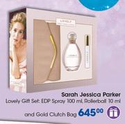 Sarah Jessica Parker Lovely Gift Set Of EDP Spray 100ml, Rollerball 10ml, Gold Clutch Bag