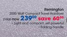 Remington 2000 Watt Compact Travel Hairdryer D1500