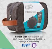 Sorbet Man Hot Shot Gift Set:3 In 1 Hydro Cool Shower Gel-200ml, Sponge & Toiletry Bag