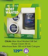 Clicks Man Most Wanted Gift Set:Shave Cream-50ml,Aftershave Balm-100ml & Solid Cologne
