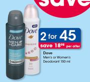 Dove Men's Or Women's Deodorant-2x150ml Per Offer