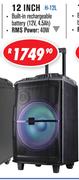Dixon 12 Inch Trolley Speakers With Rechargeable Battery/LED Lights/Bluetooth/FM Radio/USB & SD Slot