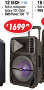 Dixon 12 Inch Trolley Speakers With Rechargeable Battery/LED Lights/Bluetooth/FM Radio/USB & SD Slot