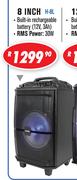 Dixon 8 Inch Trolley Speakers With Rechargeable Battery/LED Lights/Bluetooth/FM Radio/USB & SD Slots
